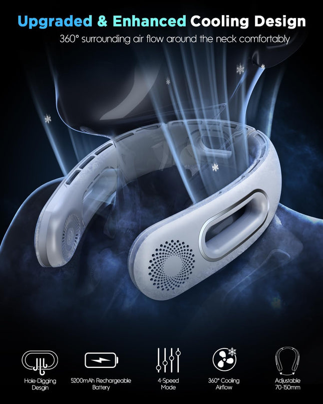 Neck Fan, Hands Free Bladeless Neck Fans Portable Rechargeable, 360° Cooling Neck Fan, 4 Speeds, Quiet, 5200 Mah Battery Operated