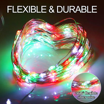 Solar Christmas String Lights Outdoor Waterproof, Red White Green Fairy Lights, IP67 2PACK Total 200LED 66FT with 8Modes, Outside Christmas Decorations Lights for Tree, Garden, Patio, Fence, Balcony