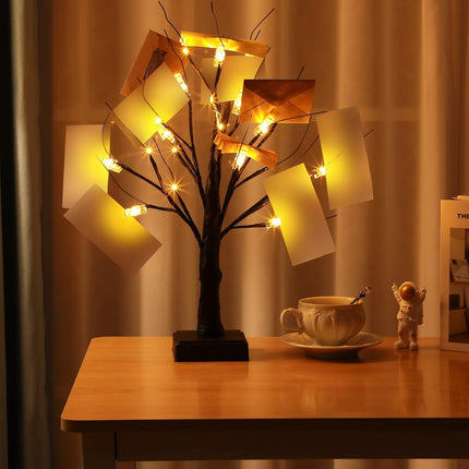2 Pcs Money Tree Holder 17" 1.5 ft Lighted Tabletop Birch Tree with LED Lights with 24 Clips Card Tree USB Powered Timer Display for Photo Wedding Birthday Christmas(Black, Cool Style)