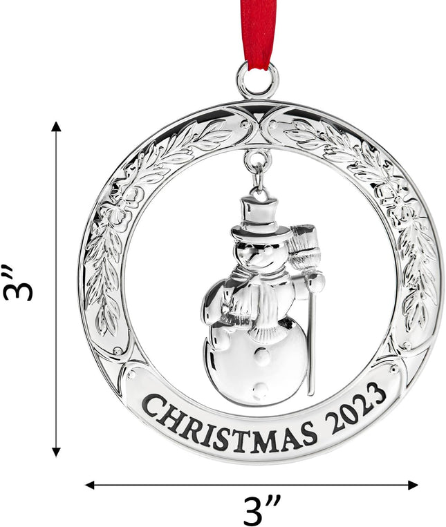 Klikel Christmas Ornament - Shiny Silver Christmas Ornament Wreath with Snowman - Dated Christmas Ornament - Ornament for Christmas Tree - Snowman Ornament for Holidays