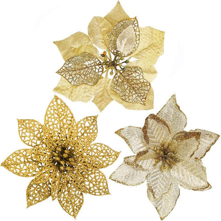 24 Set 3 Styles Christmas Gold Glitter Poinsettia Flowers Picks Christmas Tree Ornaments for Gold Christmas Tree Wreaths Garland Holiday Seasonal Wedding Decorations White Box Included