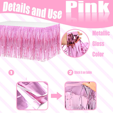 4 Pack 29x108 Inch Metallic Foil Fringe Tinsel Table Skirts for Rectangle Tables Streamer Curtains Backdrop for Wedding, Birthday, Parade Floats, Christmas, Halloween Party Supplies(Pink)