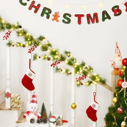 2 Pcs Christmas Garland with Lights, 6.6Ft Prelit Smokey Pine Garland, Lighted Christmas Garland for Mantle with Pine, Red Berry, Christmas Decoration for Winter Xmas Stairs Railing Table Decor