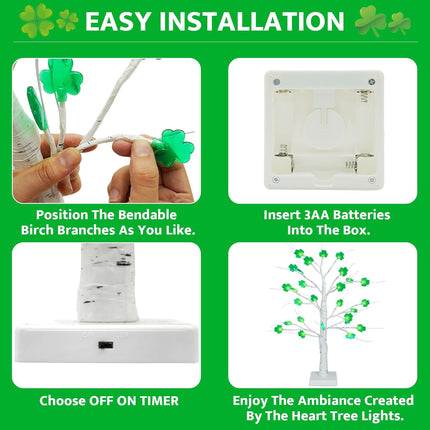 18 Inch Shamrock Tree Lights St Patricks Day Decorations with Timer, Saint Patricks Day Decor Lighted Tree with 24 LED Shamrock Lights, Battery Operated St. Patrick's Day Lights for Home Table Party