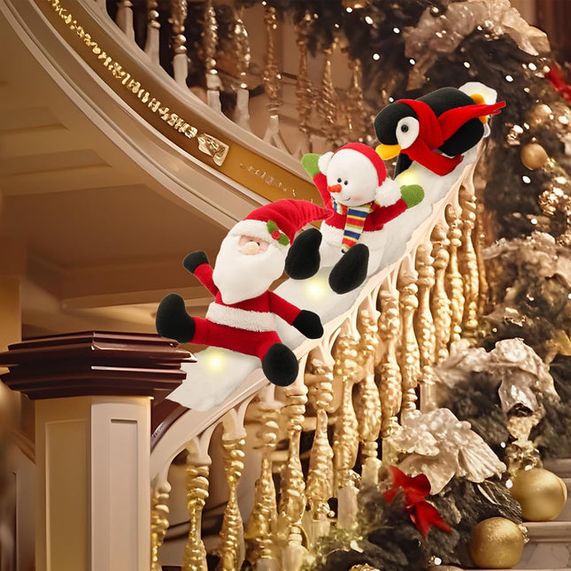 Lighted Christmas Stairs Decorations Railing Banister Set Christmas Garland for Stairs Sliding Stuffed Penguin Santa Snowman Banister on Snow Handrail for Staircase Decoration Holiday Snow Surfing Set