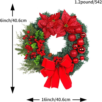 Artificial Christmas Wreath for Front Door, Christmas Door Decorations Wreaths, with Christmas Balls, Bow, Xmas Wreaths Decor Outdoor Christmas Wreaths (Red)