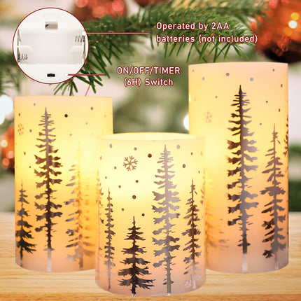 Christmas LED Flameless Candles Battery Operated, Hot Stamping Silver Xmas Tree LED Flickering Candles with Remote and Timer, Holiday Decorative LED Pillar for Xmas, Party, Bedroom