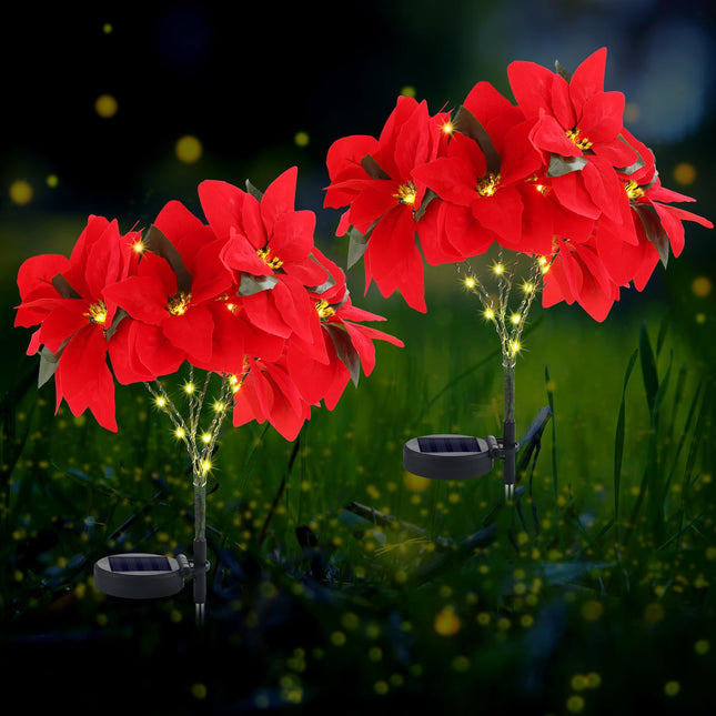 VIHOSE 2 Pcs Christmas Solar Flowers Lights Artificial Poinsettia Flower Landscape Light Waterproof Solar Poinsettia Lights for Outdoor House Yard Lawn Patio Garden Pathway Christmas Party Supplies