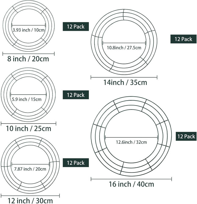 12 Pieces Metal Wreath Frame Dark Green Wire Round Wreath Rings Wire Wreath Frame for Christmas Year Party Home Decor DIY Crafts Supplies (12 Inch)
