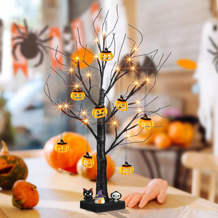 EAMBRITE Halloween Tree, 2FT Black Spooky Tree with 24 LED Orange Lights 8 Pumpkin, Battery Operated Small Tabletop Black Tree with Timer for Indoor Centerpiece Decorations Christmas Home Fireplace