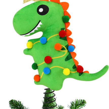 Dinosaur Christmas Tree Topper with Stand and Glitter Star Handmade T-rex Green Dinosaur Xmas Tree Ornament Winter Holidays Home Decorations Wreath Festive Kids Ideas Supplies