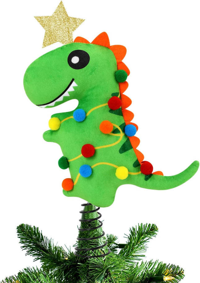 Dinosaur Christmas Tree Topper with Stand and Glitter Star Handmade T-rex Green Dinosaur Xmas Tree Ornament Winter Holidays Home Decorations Wreath Festive Kids Ideas Supplies