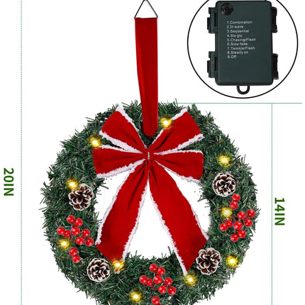 Hausse Set of 3 Christmas Wreaths, Lighted Artificial Christmas Wreath with LED Lights & Large Red Bow Ornaments, 8 Modes & Timer, Battery Operated for Front Door Gate Wall Xmas Party Decorations