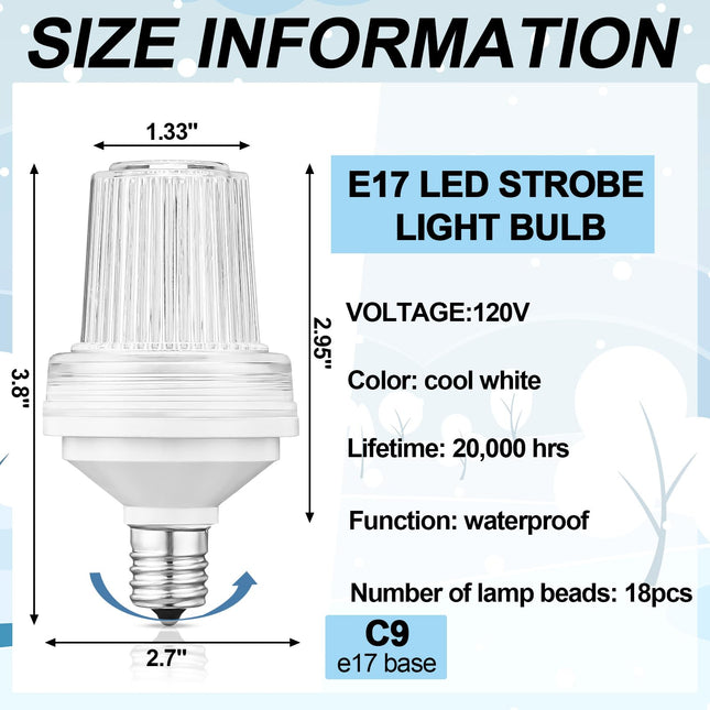 4 Pcs 120v Strobe C9 Christmas Lights Bulbs Outdoor Waterproof C9 LED Replacement Bulbs E17 Base 6000k Bright Flashing Strobe Light for Indoor Outdoor Yard Xmas Tree Decor(White)