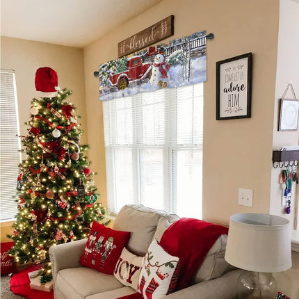 Christmas Snowman Valances Windows Curtain Red Truck with Xmas Tree Kitchen Valances Rod Pocket Snowy Winter Short Topper Curtains for Winter Holiday Christmas Decorations 1 Panel,54 by 18 inches