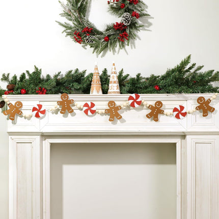 Garland Christmas Decorations Indoor: 6.5ft Farmhouse Gingerbread Man Peppermint Candy Wooden Beads Christmas Decor, Cute Rustic Gingerbread Ornaments Xmas Banner for Home Wall Mantel Fireplace