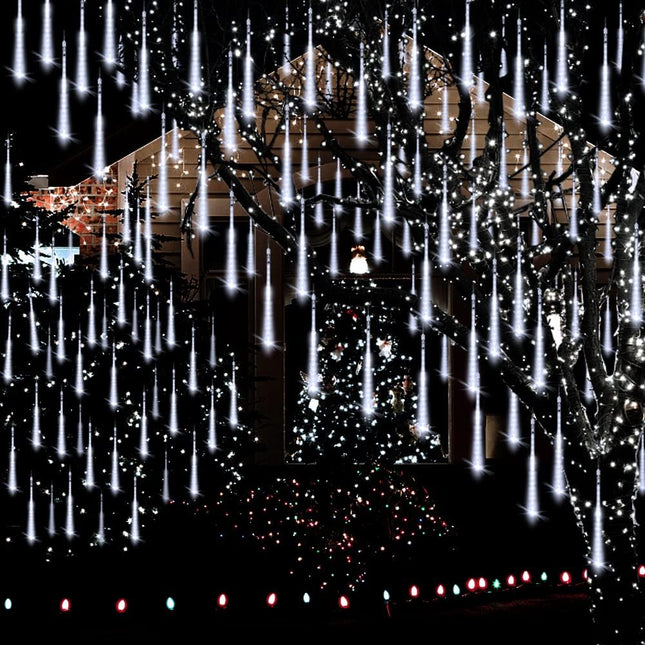 Christmas Lights Outdoor, Meteor Shower Lights 8 Tubes 192LED UL Snow Falling Rain Cascading Icicle Lights for Xmas Tree Christmas Decorations Outdoor Wedding Party Window, White