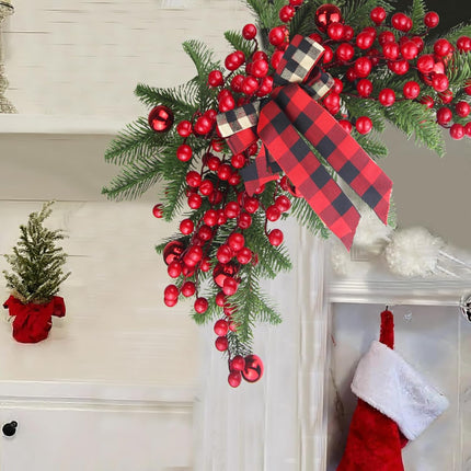Christmas Swag Decoration Floral Swag with Berries and Ribbon Bows Christmas Balls 27.56 Inch Greenery Christmas Swag Xmas Door Swag for Front Door Festival Decor Wall Arch Window