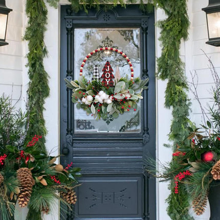 16” Welcome Wreaths for Front Door Wooden Beads Christmas Decoration Wreath with Lamb's Leaves Pine Needles Cotton Farmhouse Welcome Sign for Walls, Farmhouses, Holiday Party, Indoor Decorations