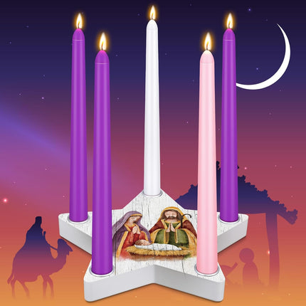 Sliner 11 Pcs Christmas Advent Candle Holder Nativity Scene Christmas Candle Holder Set 1 Star Shape Wooden Advent Wreath Candlestick Holders and 10 Candles Rustic Mantle Holiday Table Decoration