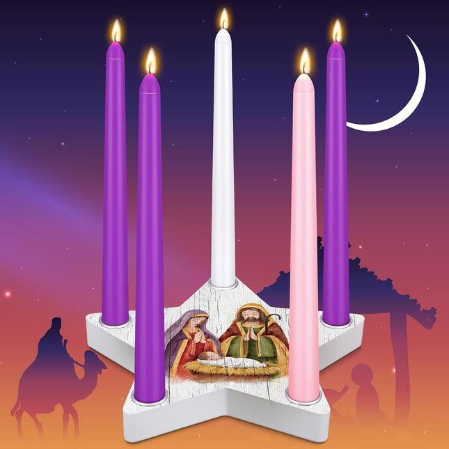 Sliner 11 Pcs Christmas Advent Candle Holder Nativity Scene Christmas Candle Holder Set 1 Star Shape Wooden Advent Wreath Candlestick Holders and 10 Candles Rustic Mantle Holiday Table Decoration