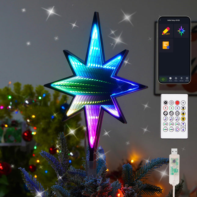Smart Christmas Tree Topper Star, 8.7" W12.0''H 27LED RGB Color Change Xmas Tree Decorations, App Remote Control, USB Powered, Music Sync Xmax Topper for Holiday Party Decorations