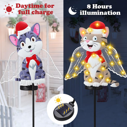 2 Pack Solar Christmas Stake Lights, LED Christmas Decorative Stakes Metal Cat with Santa Hat for Outdoor Xmas Pathway Lights Holiday Lawn Yard Garden Decoration, 32 Inches