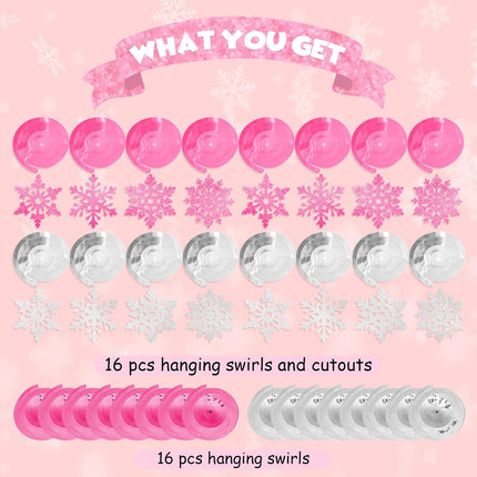 32 Pcs Pink Silver Glitter Snowflake Hanging Swirls Decoration Christmas Ceiling Decorative Streamers Snowflake Ornaments Garland Winter Holiday Wonderland Frozen Party Supplies
