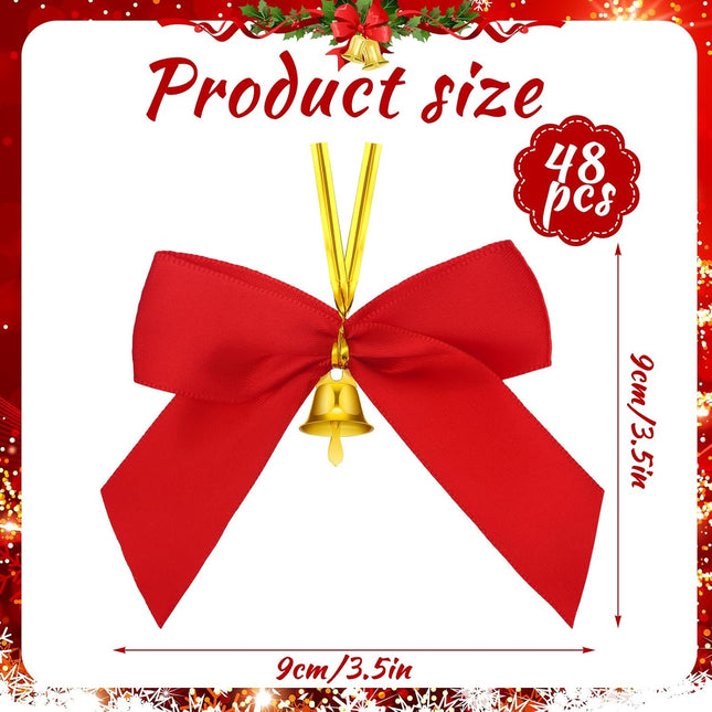 Hotop 48 Pcs Christmas Bows with Bells 3.5 Inch Gold Red Bows Christmas Decorations Twist Tie Small Premade Bows for Christmas Wreaths for Decorative Tree Hanging Ornaments Xmas Holiday Decor Crafts