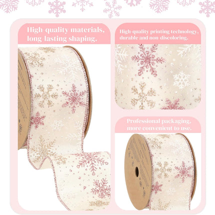 LaRibbons Pink Christmas Wired Ribbon, 2.5 Inch x 10 Yards Champagne Pink Snowflake Satin Ribbon for Tree Decoration,Wreath,Bows, Wrapping