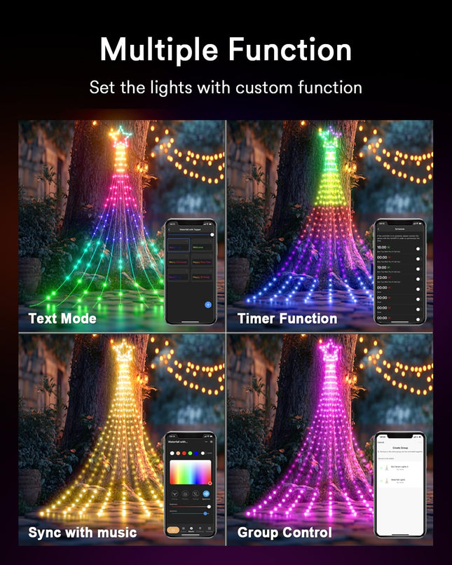 Lumary Smart Waterfall Christmas Tree Lights with Star, 344 LEDs Outdoor Christmas Decorations Lights Waterproof IP65, RGBAI Color Changing Xmas String Lights 11.8ft, Bluetooth APP/Remote Control