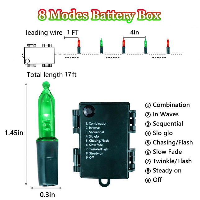 4 Pack 50 LED Christmas Lights Battery Operated, 16FT Waterproof Fairy Twinkle String Lights with 8 Modes & Timer for Indoor Outdoor Xmas Tree Garden Holiday Birthday Wedding Decorations (Red & Green)