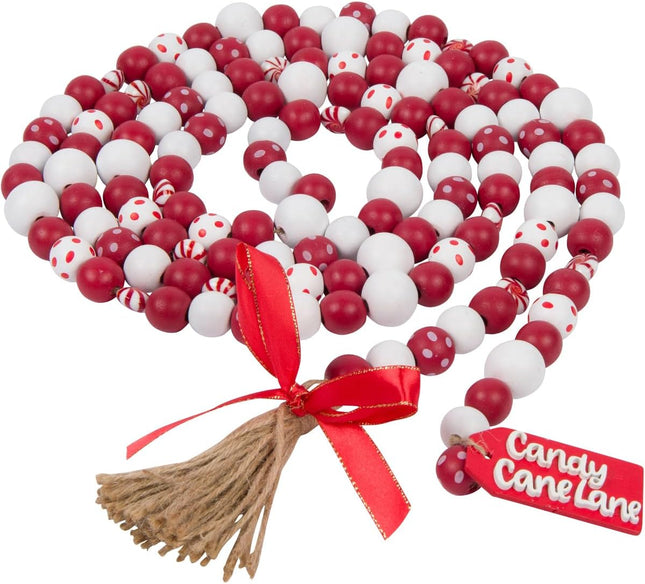 One Holiday Way 9-Foot Rustic Red and White Dot Wood Bead Garland with Peppermints Christmas Tree Decoration - Decorative Vintage Wooden Beads for Everyday Chic Winter Farmhouse Xmas Party Home Decor