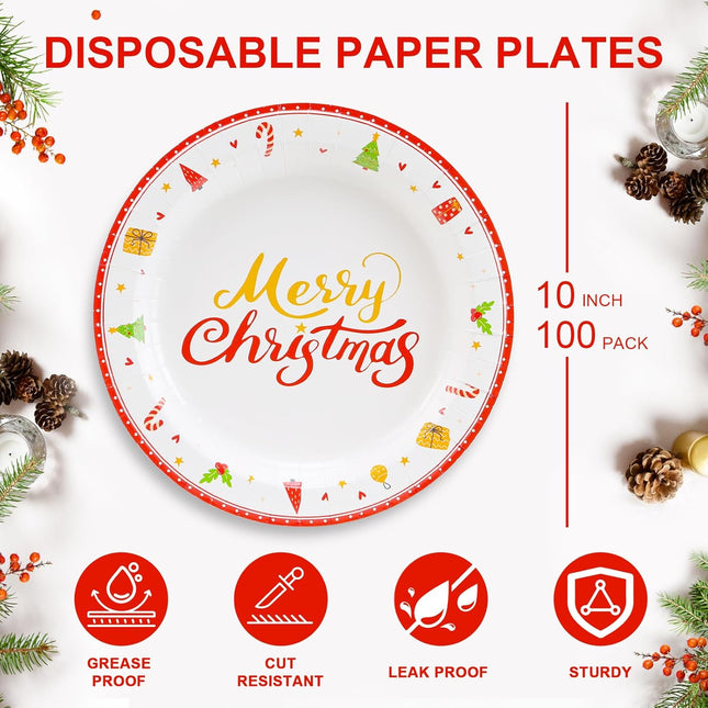 Lamosi 100Pcs Christmas Paper Plates, Paper Plates Christmas Party Supplies, 10 inch Disposable Dinner Plates for Birthday Holiday Wedding Event