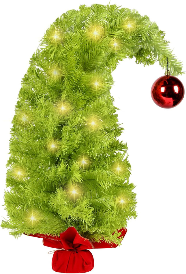 Whimsical Table Top Small Christmas Tree, 2 FT Bendable Lime Green Christmas Tree with Lights and Red Ball, Artificial Tabletop Christmas Tree for Home Office Holiday Party Decoration