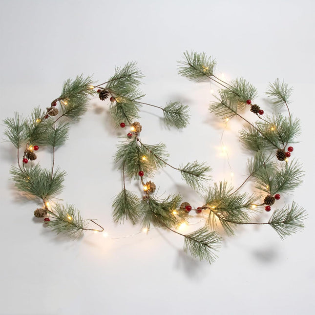 Christmas Garlands with Lights 6.5 Feet Christmas Garland for Mantle Realistic Pine Garland with Pine Cone and Red Berries for Year Indoor Outdoor Ornaments