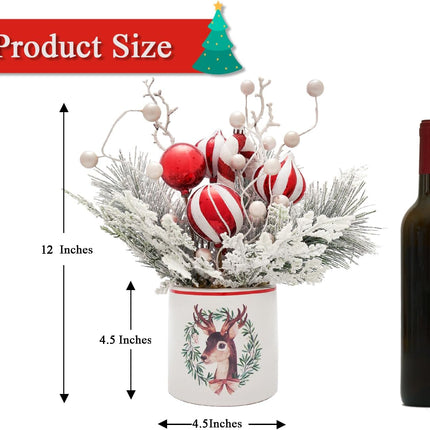 Plus tard Christmas Table Decor 12 Inches Ceramic Potted Snow Flocked Pine Needle White Berry Red Ornaments Decorative Holiday Tree Tabletop Xmas Centerpiece Decor