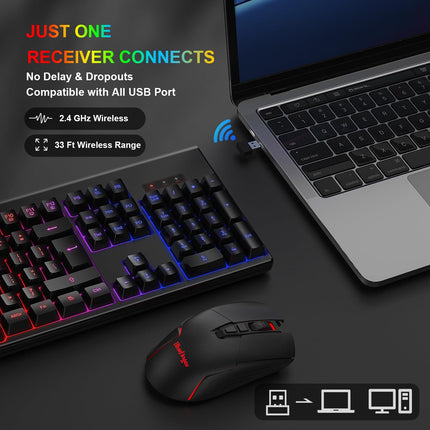 Wireless Gaming Keyboard and Mouse, Rechargeable Rainbow Backlit Wireless Keyboard and Ergonomic Light Up Mouse Combo for Windows, Mac, PC, Laptop
