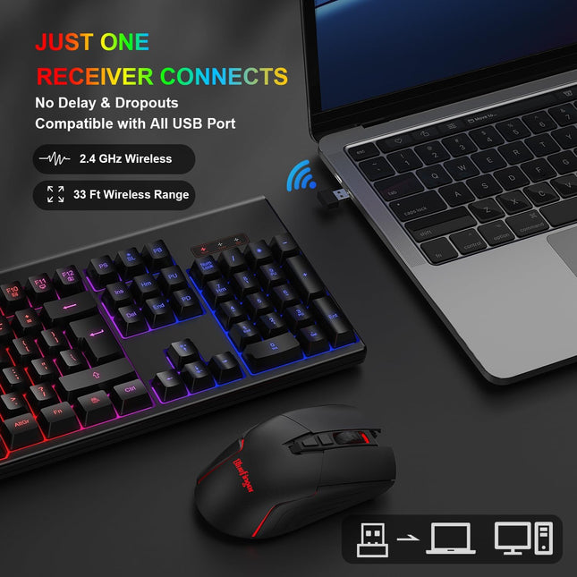 Wireless Gaming Keyboard and Mouse, Rechargeable Rainbow Backlit Wireless Keyboard and Ergonomic Light Up Mouse Combo for Windows, Mac, PC, Laptop