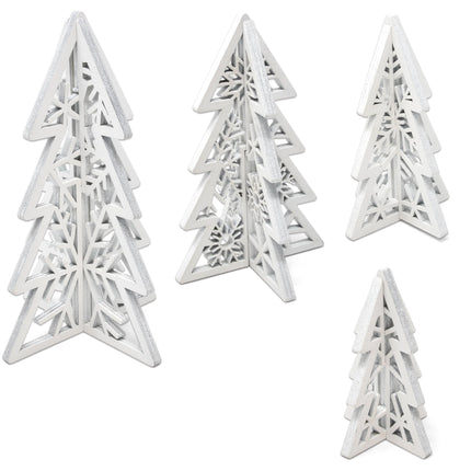 8 Piece Christmas Trees Wooden Table Decorations Centerpiece Holiday Wood White 3D Hallow Carving Tree Tiered Tray Tabletop Sign Decor 4 Sizes for Office Dining Mantle Home Winter Xmas Party Supplies