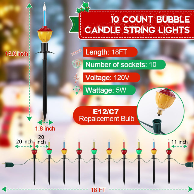 Sumind 1 Set 18 FT Christmas Pathway Lights Outdoor, 10 Bubble Candle Christmas Lights IP44 Waterproof, Glitter Bubble Lights with Stakes for Outdoor Driveway Sidewalk Yard Patio Decoration