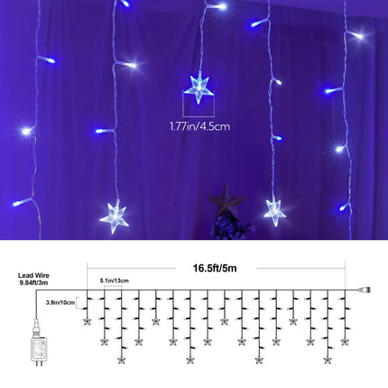 Icicle Lights Outdoor,16.5FT 200 LED Curtain Fairy Lights,40 Drops 8 Modes with Timer Icicle Star Lights,Hanging Led String Lights for Backdrop,Wedding,Party,Christmas Decorations,Blue&White