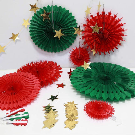 Decor365 Red Green Christmas Party Decoration Kit Hanging Decor Tissue Paper Fan Pompom Gold Star Garland Streamer Backdrop Background for Xmas Birthday Wedding Baby Shower Wall Home Party Supplies