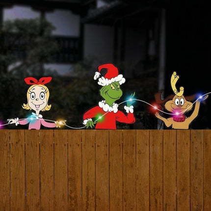 3 Pcs Christmas Fence Peekers with LED String Lights, Christmas Yard Decoration Boards Outdoor Light Up, Battery Operated Christmas Decor for Tree Topper Fence Yard Garden Lawn