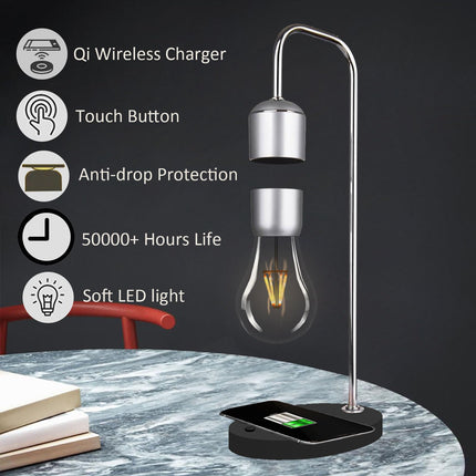 Magnetic Levitating Lamp with Wireless Phone Charger for iPhone Pro Max Floating Light Bulb LED Night Light Table Lamp Levitation Desk Lamp for Christmas Bedroom Office Decoration