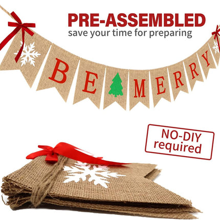 Be Merry Burlap Banner Christmas Decorations Rustic Christmas Tree Snowflake Sign Burlap Garland Christmas Decor for Mantle Fireplace Xmas Holiday Party Supplies Outdoor Indoor Hanging Decor