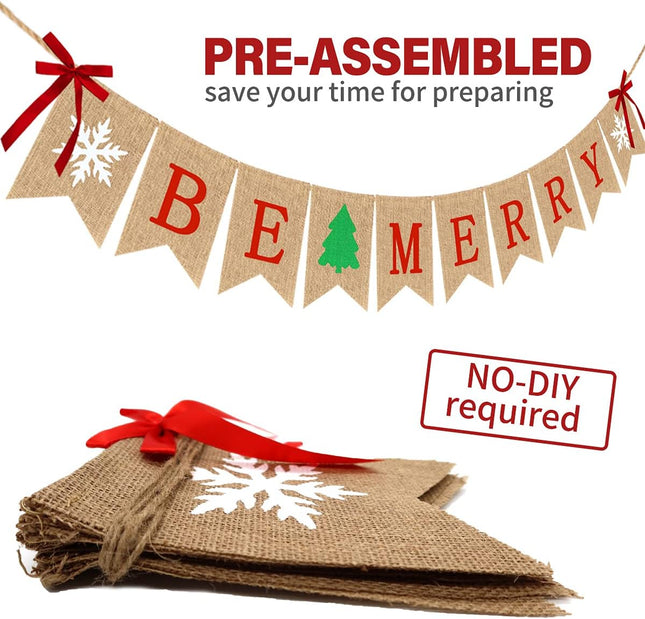 Be Merry Burlap Banner Christmas Decorations Rustic Christmas Tree Snowflake Sign Burlap Garland Christmas Decor for Mantle Fireplace Xmas Holiday Party Supplies Outdoor Indoor Hanging Decor