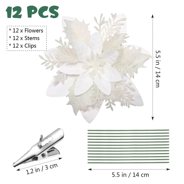 Kisangel 12pcs Christmas Artificial Flowers Glitter Poinsettia Flowers Christmas Flowers with Clips and Stems for Xmas Wreath Home Ornaments, White