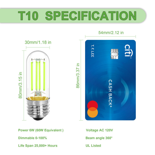 4 Pack 3.2 Inch T10 Green Light Bulb, E26 Base Edison Bulbs Dimmable, AC 120V 60 Watt Equivalent Clear Glass Filament Bulb, Halloween Christmas Party Bar Colored Light Bulbs, UL Listed