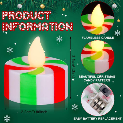 24 Pcs Christmas Candy Cane Tea Lights LED Flameless Candles Striped Battery Operated Flickering Candles Warm Yellow Light Candles Flameless Tealight Candles for Christmas Party (Red, Green)